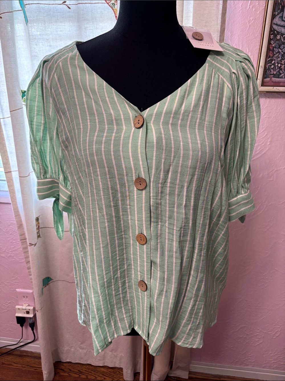 LC Lauren Conrad Mint and White Striped Button-Front Blouse